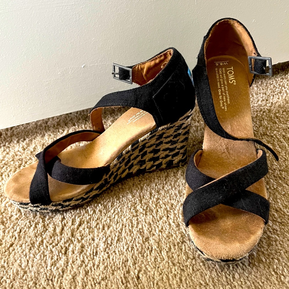 Toms wedges back and tan with ankle strap. Size 8.5